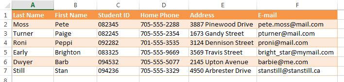 A picture of an excel table showing 6 students and 6 columns of information. 