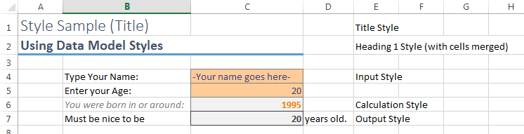 Example of different cell styles to indicate where the user should enter data, and where calculations or output exist.