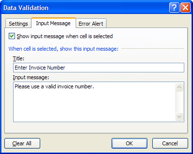 Image of Input message tab for data validation.