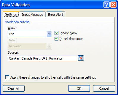 Image of the list settings for data validation.