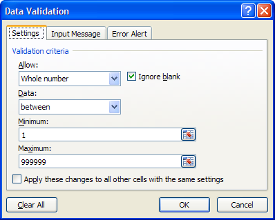 Image of Settings dialog for data validation.