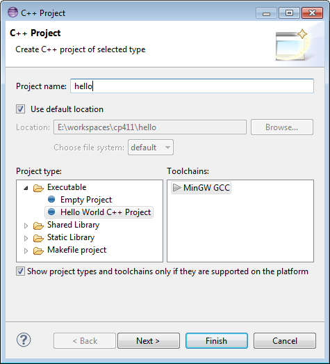 C++ Project Dialog Box