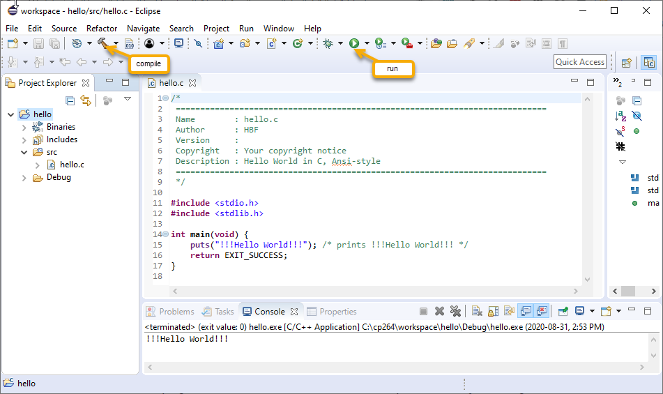 Figure 5: Compile and run by buttons