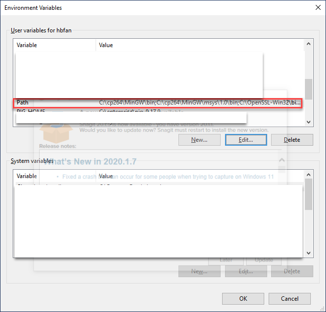 Figure 1: Select path user’s Path environment variable.
